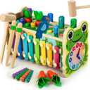 6-IN-1 Wooden Montessori Toys for 1 Year Old, Mole-Tapping Game | Play the Xylophone | Frog Clock | Carrot Harvest Game | Spinning Gear, Toddler Toys Aged 1-4, Baby Toy Gift for Early Learning (Green)