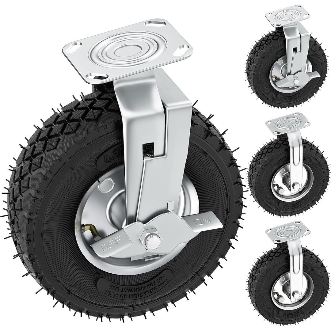 10 inch Casters Wheels, Heavy Duty Casters Set of 4 Load 1300lbs with Brake, Locking Swivel Plate Caster, Industrial Castor Wheels for Workbench, Cart, Trolley, Wagon and Shelves