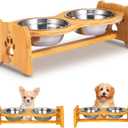 X-ZONE PET Elevated Dog Bowls for Cats and Dogs, Adjustable Bamboo Raised Dog Bowls for Small Dog, Food and Water Set Stand Feeder with 2 Stainless Steel Bowls and Anti Slip Feet (Height 4" to 4.5")