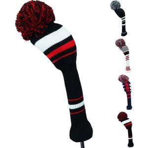Golf Head Covers Knitted Woods Driver Fairway Hybrid Pom Pom Cover Washable Soft Kint Headcover 1 3 5 for Men Women Kids Sold in Separate ( Black&Red&White Stripes)
