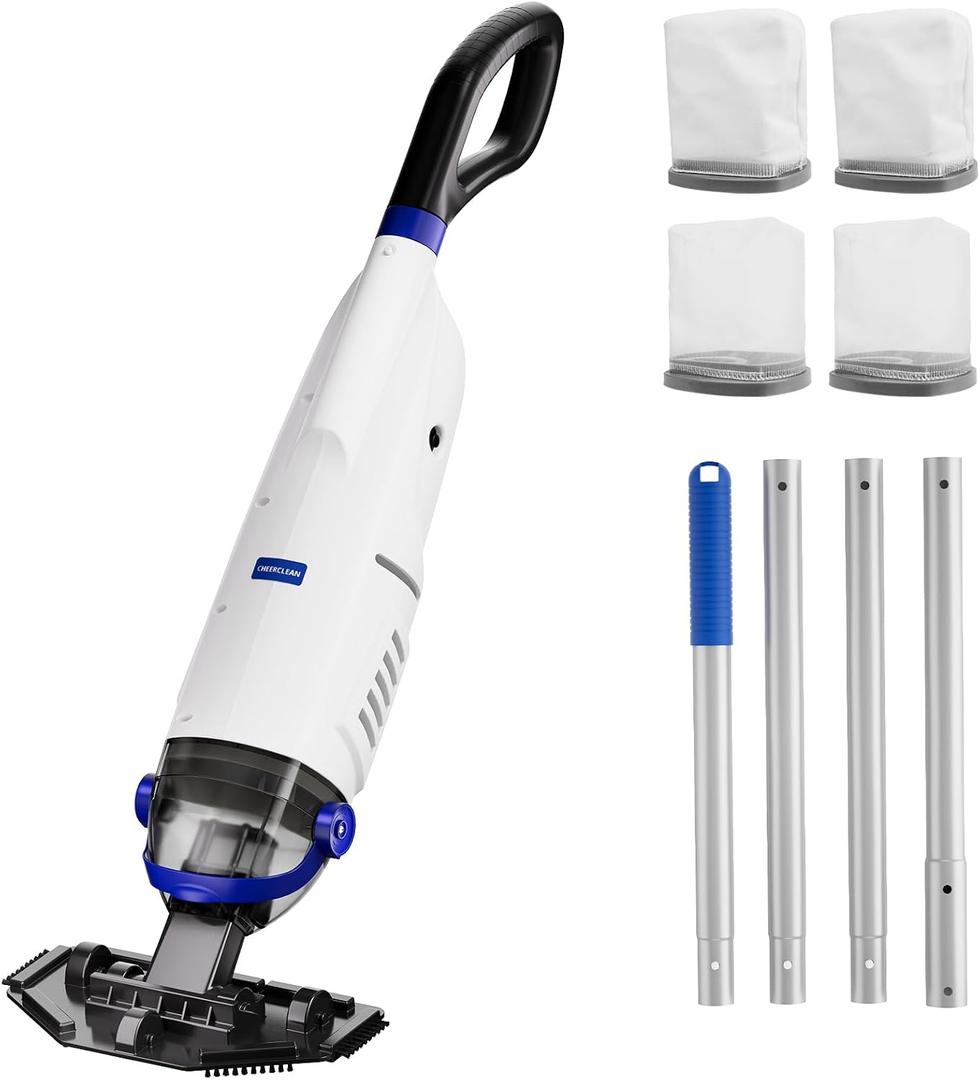 Cordless Handheld Pool Vacuum Cleaner 1110 GPH True Strong Suction 60min Run-time 40m Ultra Fine Mesh Filter for Leaves Debris,with Aluminum Pole&Angle Head for Hot Tubs,Inground &Above Ground Pools