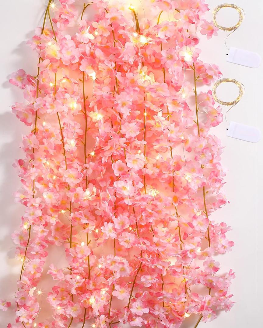 Jutom 4 Pcs 23.6 ft Cherry Blossom Flower Garland with String Light Artificial Hanging Silk Pink Flower Vines Garland for Wedding Bedroom Spring Home Party Kawaii Japanese Decor