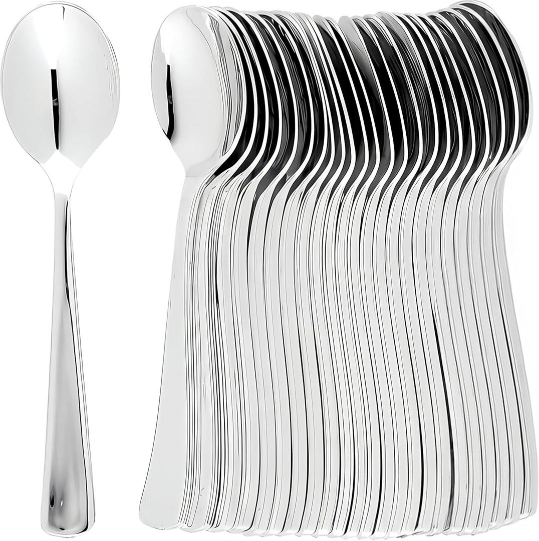 2 x Plastic Cutlery Silverware Extra Heavyweight Disposable Flatware, Full Size Plastic Spoons Like Silver 24 Pack
