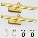 Wireless 15.7in Gold Brass Picture Light – Rechargeable LED Wall Art Lamp with Remote Control, Timer, Adjustable Arm, 3 Color Temperatures & Stepless Dimming, for Living Room and Gallery Lighting