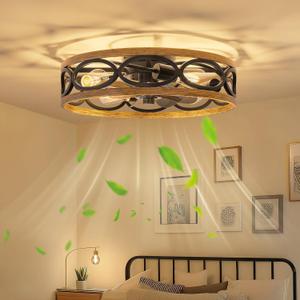 20" Ceiling Fans with Lights and Remote, 6 Wind Speeds 3 Timing Quiet Flush Mount Low Profile Caged Ceiling Fan for Bedroom Living Room Kitchen, Farmhouse Reversible Ceiling Fan, Wood Grain (Black)