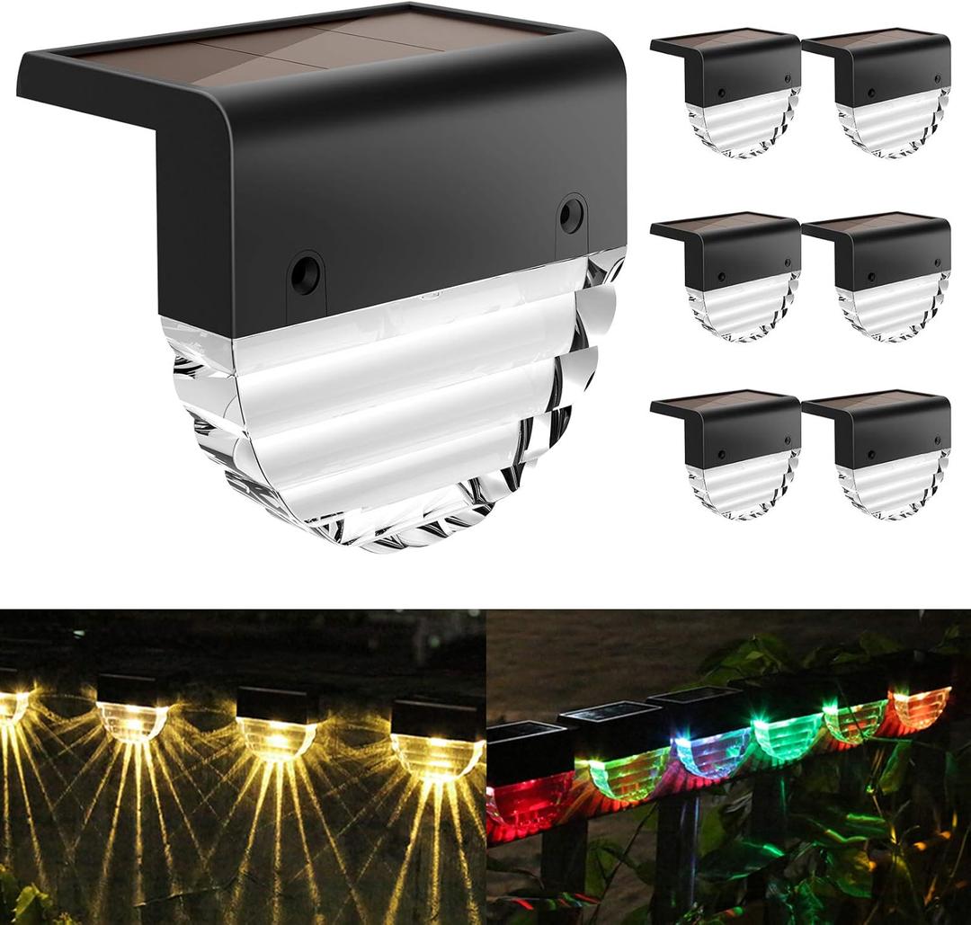 Melunar Solar Deck Lights, 6 Pack Waterproof LED Solar Step Light Outdoor, Fence Lights Solar Powered for Outside, Garden, Patio, Stairs,Yard,10 Lumens, Warm White/Color Changing Lighting (Black)