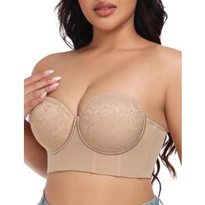 FallSweet Lace Strapless Bustier Bra for Women Underwire Longline Corset Top (Beige, L)