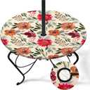 Flower Round Outdoor Tablecloth With Umbrella Hole, Retro Fitted Table Cover With Zipper, Outdoor Camping Essentials, Waterproof Umbrella Table Cloth with elastic (36''-44'')