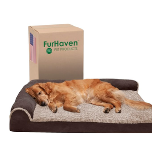 Furhaven Orthopedic Dog Bed for Large Dogs w/ Removable Bolsters & Washable Cover, For Dogs Up to 95 lbs - Two-Tone Plush Faux Fur & Suede L Shaped Chaise - Espresso, Jumbo/XL
