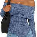 ZESICA Women's Fall Floral Off Shoulder Tops 2025 Mesh Long Sleeve Shirts Asymmetrical Ruched Tee Blouses Trendy Outfits (Blue, XL)