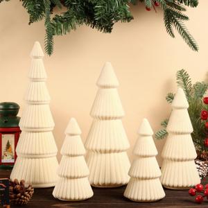 5 Pieces Christmas Velvet Trees Set Modern Christmas Decor 4 Szies Christmas Velvet Cone Trees Table Decoration Winter Decoration for Entryway Mantle Farmhouse (Creamy White)