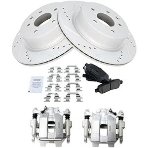 TRQ Rear Brake Pad and Rotor Set Ceramic Vented Coated Rotors Calipers Compatible with 2011-2012 Infiniti G25 2011-2013 G37 2015 Q40 2010-2019 Nissan 370Z