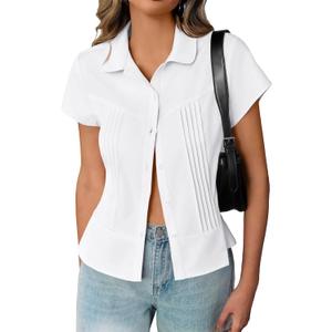 Cicy Bell Womens Short Sleeve Button Down Shirts Pleated Slim Fit Summer Dressy Casual Blouses (Small, White)