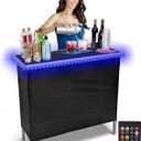 PARTYPONG Folding Portable Bar w/LED Lights, Wireless Remote, 2 Bar Skirts, Storage Shelf, & Carrying Case - Black