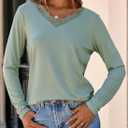 Dokotoo T Shirts for Women Casual Long Sleeve V Neck Lace Trim Tops Lightweight Solid Color Basic Tees Blouses (Medium, Green)