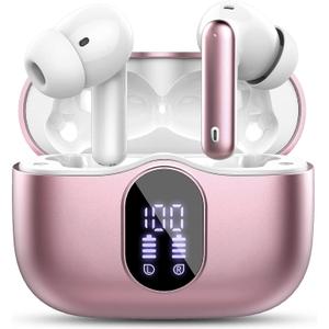 Wireless Earbuds Bluetooth 5.4 Headphones Bass Stereo Ear Buds with Noise Cancelling Mic LED Display in Ear Earphones IP7 Waterproof 36H Playtime for Laptop Pad Phones Sports Workout Rose Gold
