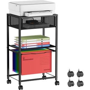 Cawukege Small Printer Stand, Side Table for Printer, Under Desk Storage Organizer, 3 Tier Hanging File with Wheels, for Office, Home, Black