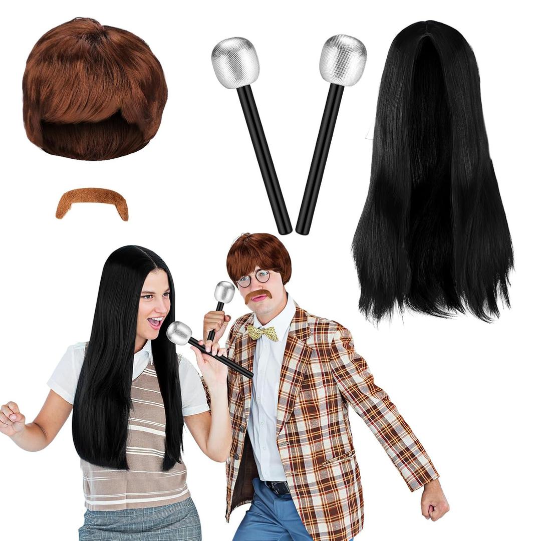5 Pcs Pop Singer Couple Hippie Costume Halloween 60s 70s Musical Duo Rock Costume Accessories Set 2 Wig 2 Glitter Microphone Prop with Mustache for Adults Halloween Cosplay Party