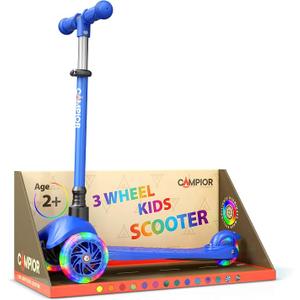 Blue Mini 3 Wheel Scooter for Kids – Lean-to-Steer with LED Light-Up Wheels, Adjustable Handlebar, Wide Anti-Slip Deck, Smooth PU Wheels, Rear Foot