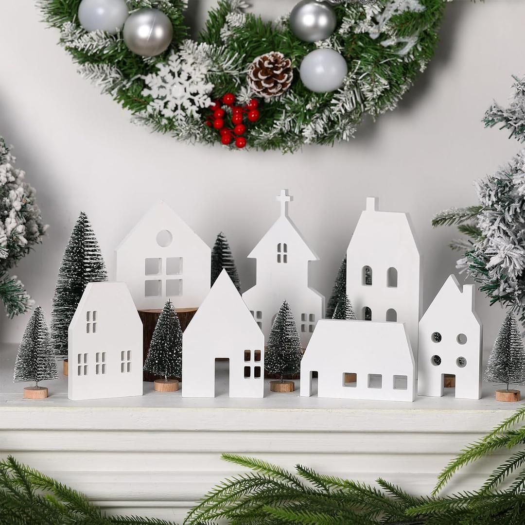 Amyhill 16 Pcs White Christmas Village Set with Cedar Pine Decor Wooden House Blocks Christmas Town Village Decor for Tiered Tray Decoration Fireplace Mantel Holiday Window Table Centerpieces