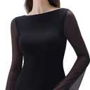 SUUKSESS Women Mesh Sheer Bell Sleeve Tops Double Lined Boat Neck Going Out Shirts (Black, L)