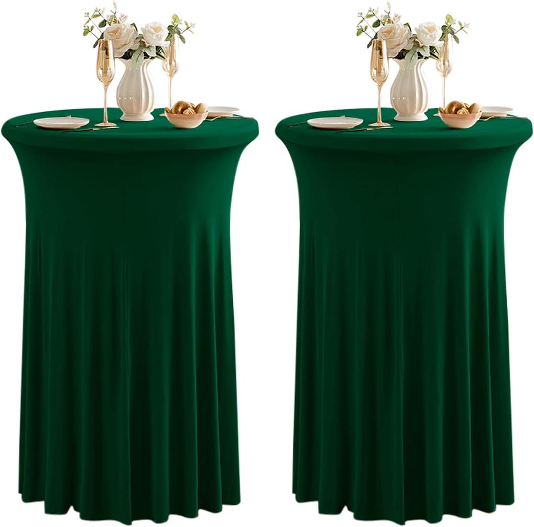 Dimatic 2 Pack Green High Top Cocktail Tablecloth Stretch Cocktail Table Cloth with Skirt Fitted 32 inch Round Spandex Table Cloths for Party Wedding Banquet Birthday