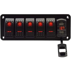 5 Gang Rocker Switch Aluminum Panel with 4.8 Amps Dual USB Rocker Style Fast Charger with Voltmeter Blue Backlit Led Pre-Wired for Marine Boat RV Truck (Red)