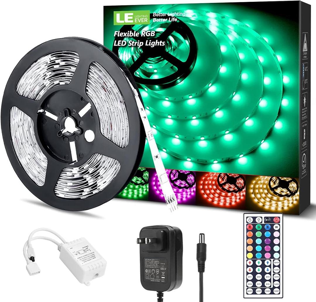 LE LED Strip Lights, RGB 5050 LED Strips with Remote Controller, Color Changing Tape Light with 12V Power Supply for Room, Bedroom, TV, Kitchen, Desk (16.4 ft)
