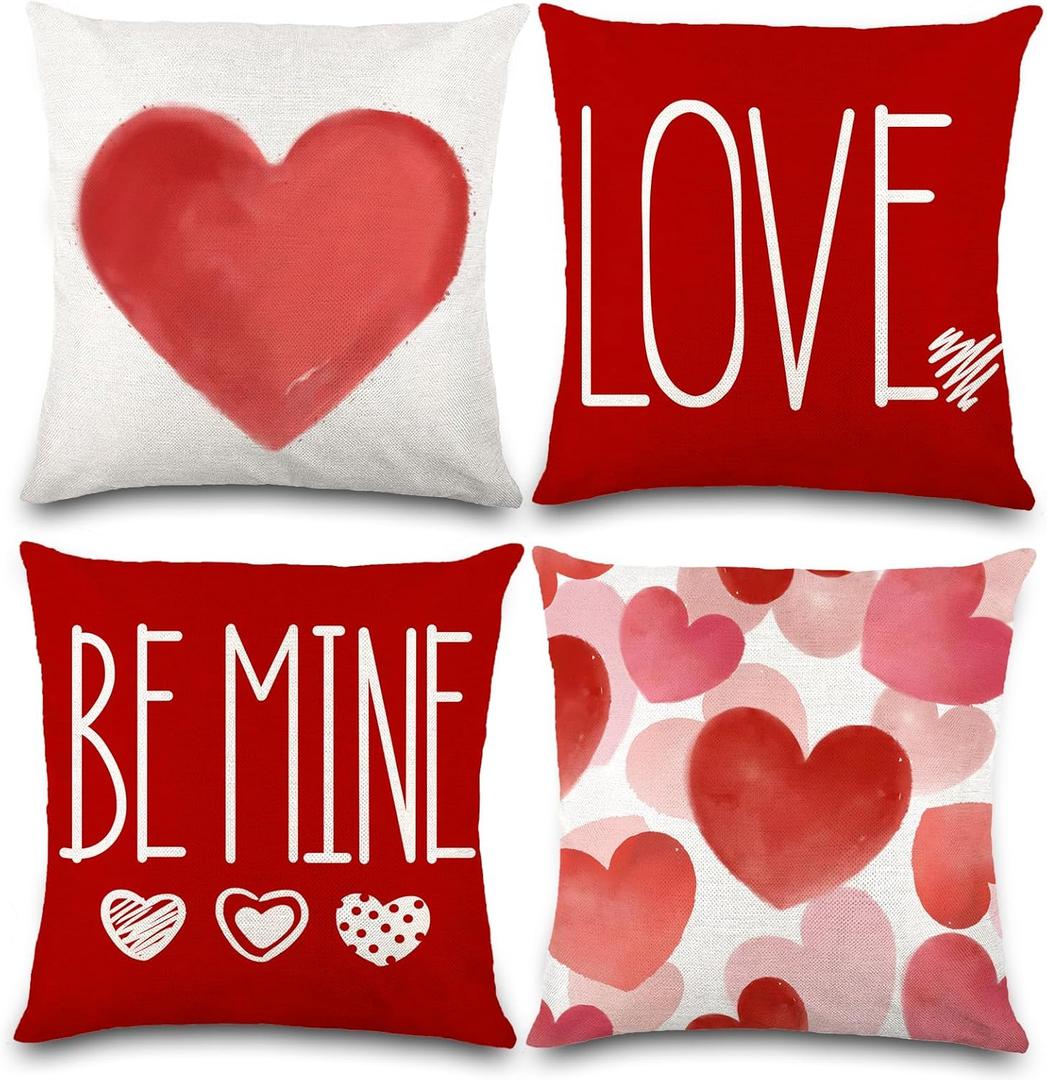 DIYDEC 4PCS Valentines Pillow Covers 18x18 Inch Red White Heart Throw Pillow Covers Valentines Day Love Be Mine Cushion Case Decor for Holiday Farmhouse Anniversary Wedding Home Sofa Couch