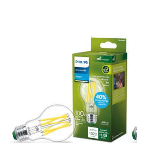 Philips LED 100W A19 1-Pack Ultra Efficient Daylight (5000K) 1520 Lumen (8.9W = 100W) Dimmable Clear Flicker-Free Light Bulbs
