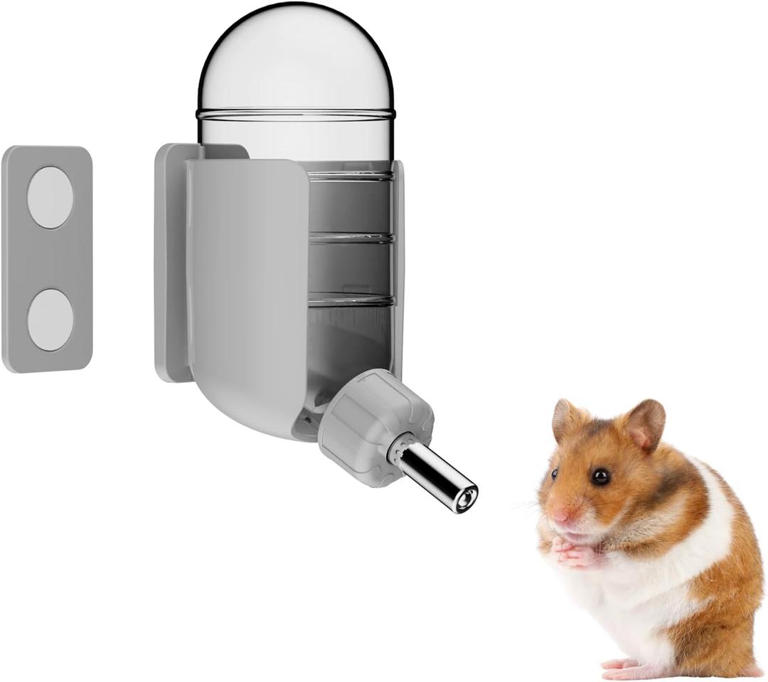 Hamster Water Bottle with Magnetic Holder, Freestanding Water Bottle for Glass Tanks, Suitable for Syrian Dwarf Hamsters Gerbils Mice Rats Degus (Grey, 4 oz (Magnetic-Mounted))