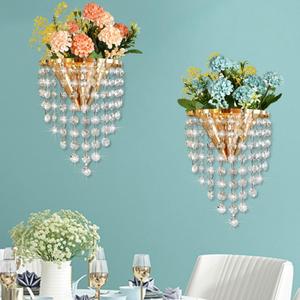 2 Pack Metal Flower Vase for Wall Crystal Vase Decor Hanging Decoration Floral Holder for Home Office Living Room Bedroom Bathroom (Gold) (7"L x 5"H x 4"W)