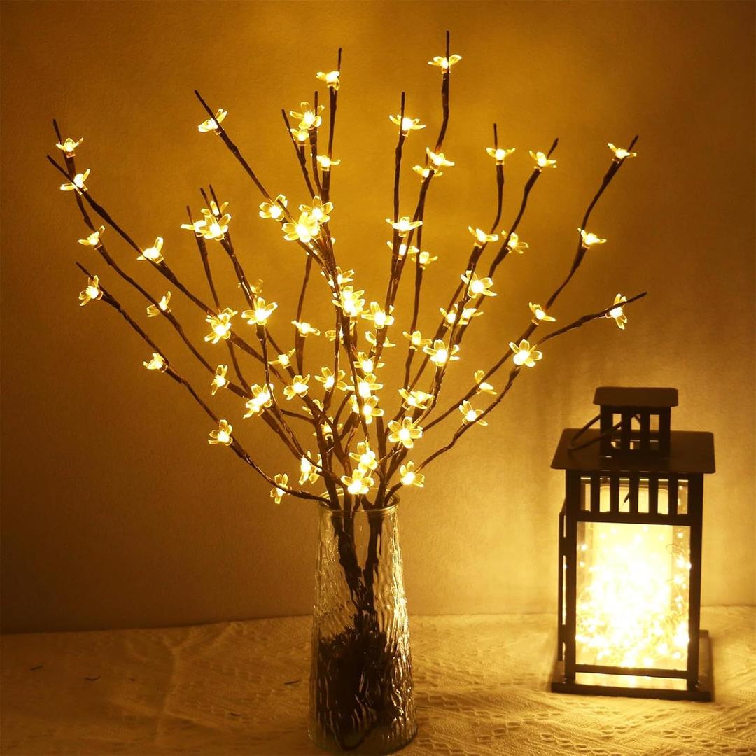 AMARS 2 Pack Lighted Prelit Twig Tree Branches Lights, Battery Operated, Room Decor LED Cherry Blossoms Lamp Christmas Holiday Decorative Sticks Vase Filler for Home Decoration (29.5inch) (Flowers)