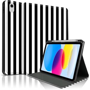 TopPerfekt Case for iPad 11th (A16) 11-inch 2025/10th Generation 10.9-inch 2022,Striped Cute Girly Collegiate Style Case with Pencil Holder for Kids, Boys, Girls, Anti-Slip/Anti-Shock-Black White