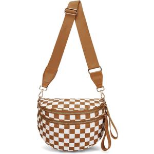 Checkered Crossbody Bag Nylon Bum Bags for Women Spacious Handbags Checkered Purse Fanny Packs with Shoulder Strap (Light Brown Checkered)