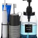 Mouthwash Dispenser with Toothbrush Holder,Mouth Wash Pump Bottle with Stainless Steel Cup Holder,24 OZ Refillable Clear Mouthwash Container with 21Pcs Paper Cups