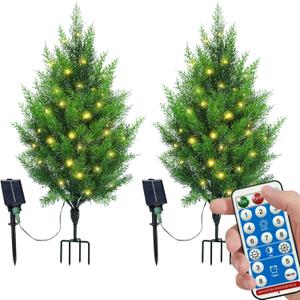 3ft Pre-Lit Artificial Cypress Topiary Trees with Solar Lights, Artificial Outdoor UV-Resistant Faux Shrubs, Set of 2 for Front Porch, Backyard, and Garden Walkways Decor