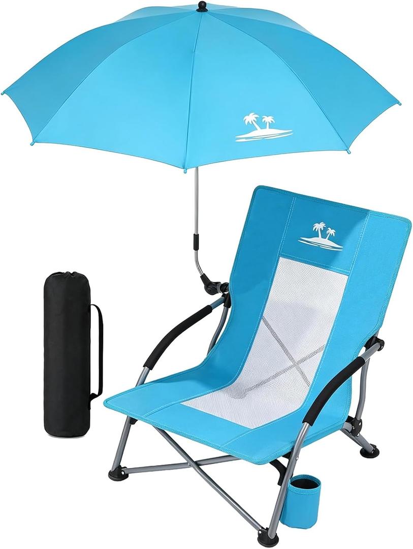 Folding Beach Chair with Umbrella, Low Profile Portable Sand Chair for Adults, Breathable Mesh Beach Seat with Cup Holder & Padded Armrests, Heavy Duty Lightweight Camping Chair, Ocean Blue