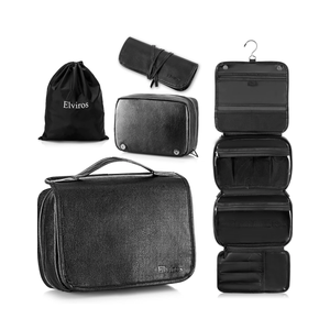 Elviros Hanging Toiletry Bag Removable Travel Bag PU leather Makeup Cosmetic Organizer Kit, Black