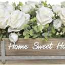 Artificial Rose Flower Arrangement with Eucalyptus in Wooden Planter, Faux Flowers Farmhouse Table Centerpiece, Home Sweet Home Rustic Home Dcor, White