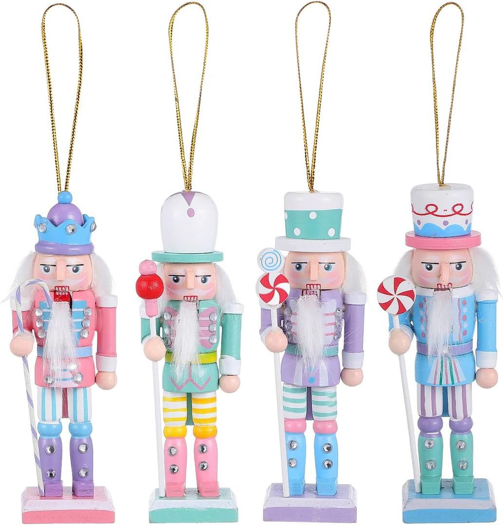 PRETYZOOM 4pcs Christmas Nutcracker Ornaments, 5 Inch Wooden Nutcracker Hanging Pendants, Holiday Soldiers Keepsake, Christmas Party Decoration