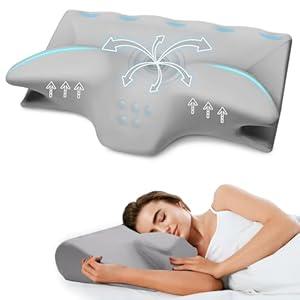 Cervical Pillow for Neck Pain Relief, Cooling Contour Memory Foam Pillows Support Odorless Ergonomic Neck Pillow Adjustable Orthopedic Bed Pillow for Side Back Stomach Sleeper with Pillowcase,Grey