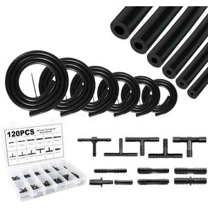 Silicone Vacuum Tubing Hose With 12 Sizes 120PCS Nylon Connector, 1/8" 5/32" 3/16" 1/4" 5/16" 3/8"ID 6.6FT 6PSC High Performance 130PSI Automotive Replacement Silicone Vacuum Tubing Hose line Kit