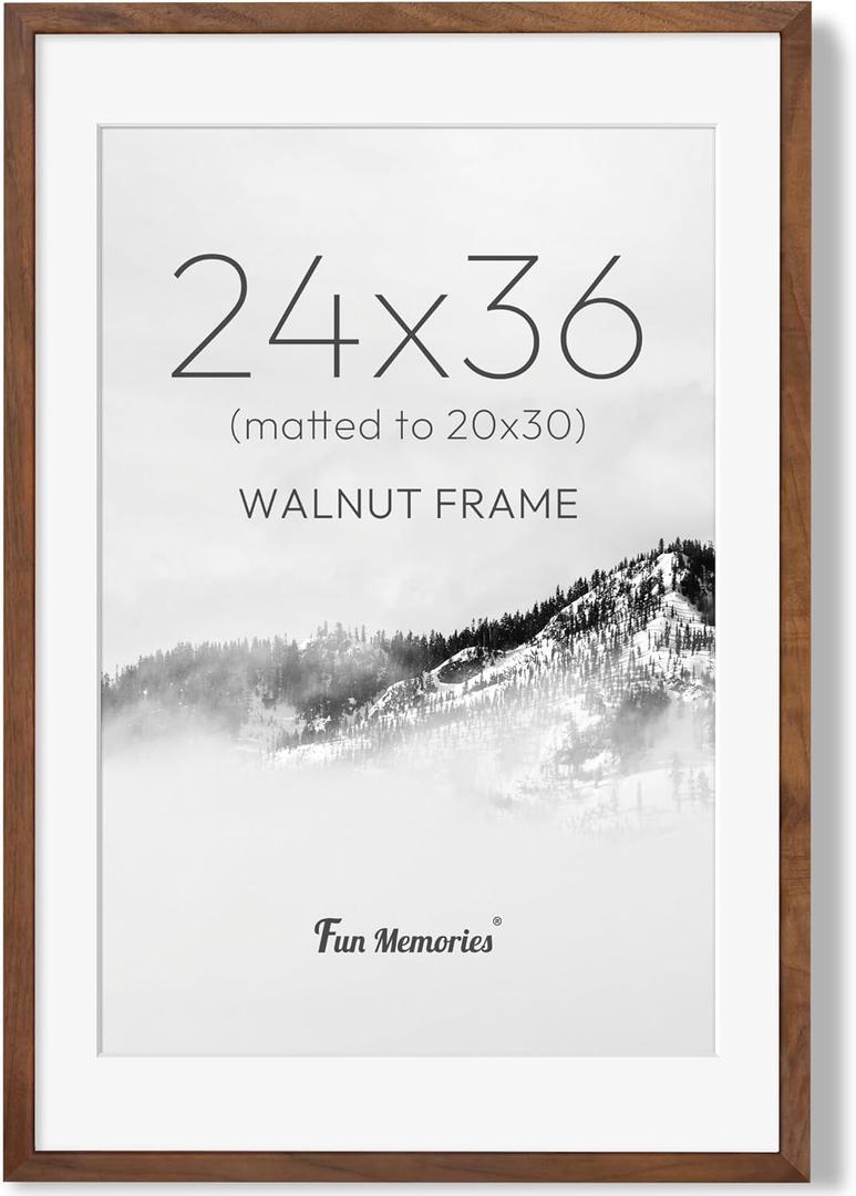 24x36 Picture Frame, USA-Sourced Walnut Wood Photo Frames with HD Tempered Glass, 24 x 36 Wood Poster Frames for Wall, Wooden 24x36 Frame Matted to 20x30, Horizontal or Vertical Wall Display