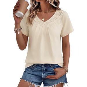 Falechay Women's Blouses Summer Short Sleeve Boho Tops V Neck Pleated Casual Flowy Loose Fit Cute Basic Tunic, Medium