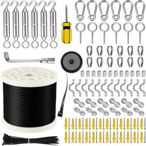 WAYSKA String Light Hanging Kit with 250FT Nylon Coated Stainless Steel 304 Wire Rope Cable Suspension Kit Included Enough Accessories, Turnbuckles and Hooks for Patio, Outdoor and Backyard Lighting