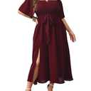 SCOMCHIC Women's Plus Size Formal Dresses Off The Shoulder Wedding Guest Cocktail A-Line Split Maxi Dress with Pockets Burgundy Size 2XL