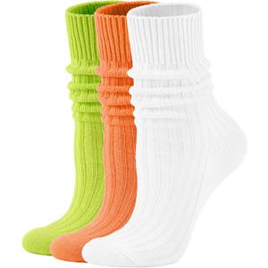 Women's Neon Scrunch Crew Socks 80s 90s Retro 3-Pack Cotton Stacked Boot Calf Cozy Ribbed Slouchy Socks Size 5-10 (1-white/Neon Green/Neon Orange)