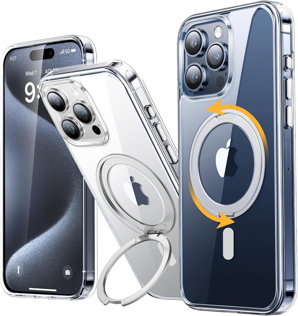 andobil for iPhone 15 Pro Max Case [360 Ring Stand] [Compatible with Magsafe] Military Drop Protection Non-Yellowing Magnetic 15 Promax Slim Thin Phone Case for Men Women - Clear, 6.7 Inches