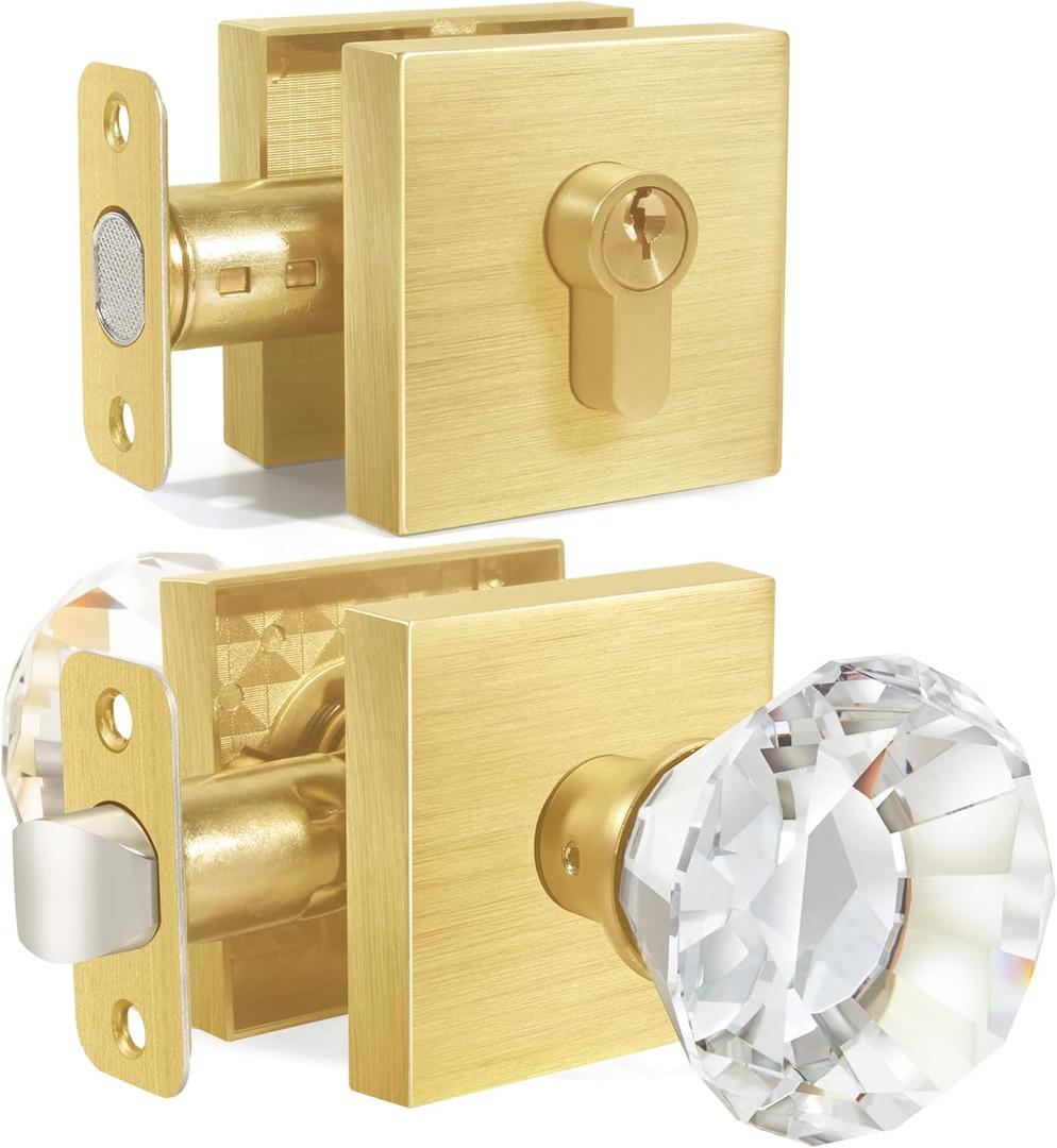 HIEMEY Satin Brass Diamond Glass Crystal Door Knob and Single Cylinder Deadbolt Set